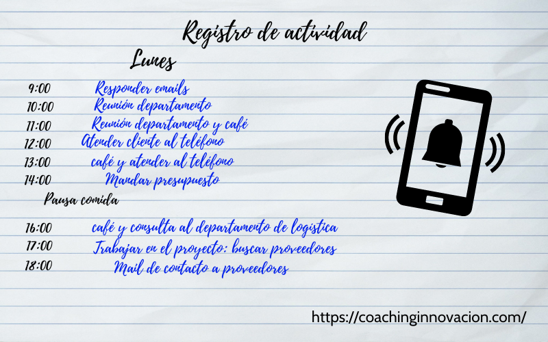 Hoja de papel titulada registro de actividad. En el margen izquierdo aparen un horario de 9 a 18 horas con un intervalo de una hora. Al lado de la hora aparece un ejemplo de lo que una persona ha hecho en el trabajo. La derecha aparece un icono de un móvil con una alarma