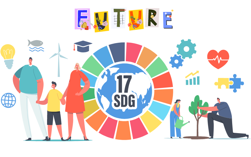 Dibujo con el logo de la Agenda 2030 y personas contribuyendo a conseguir los ODS. En la cabeza se lee la palabra "Future"